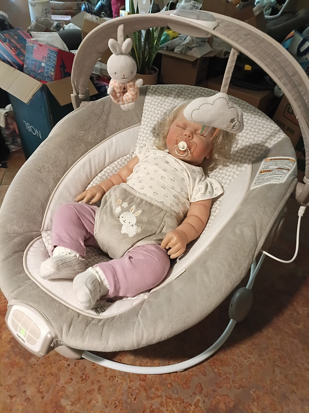 Plush Neutral & Pink Baby Bouncer with Toy Bar